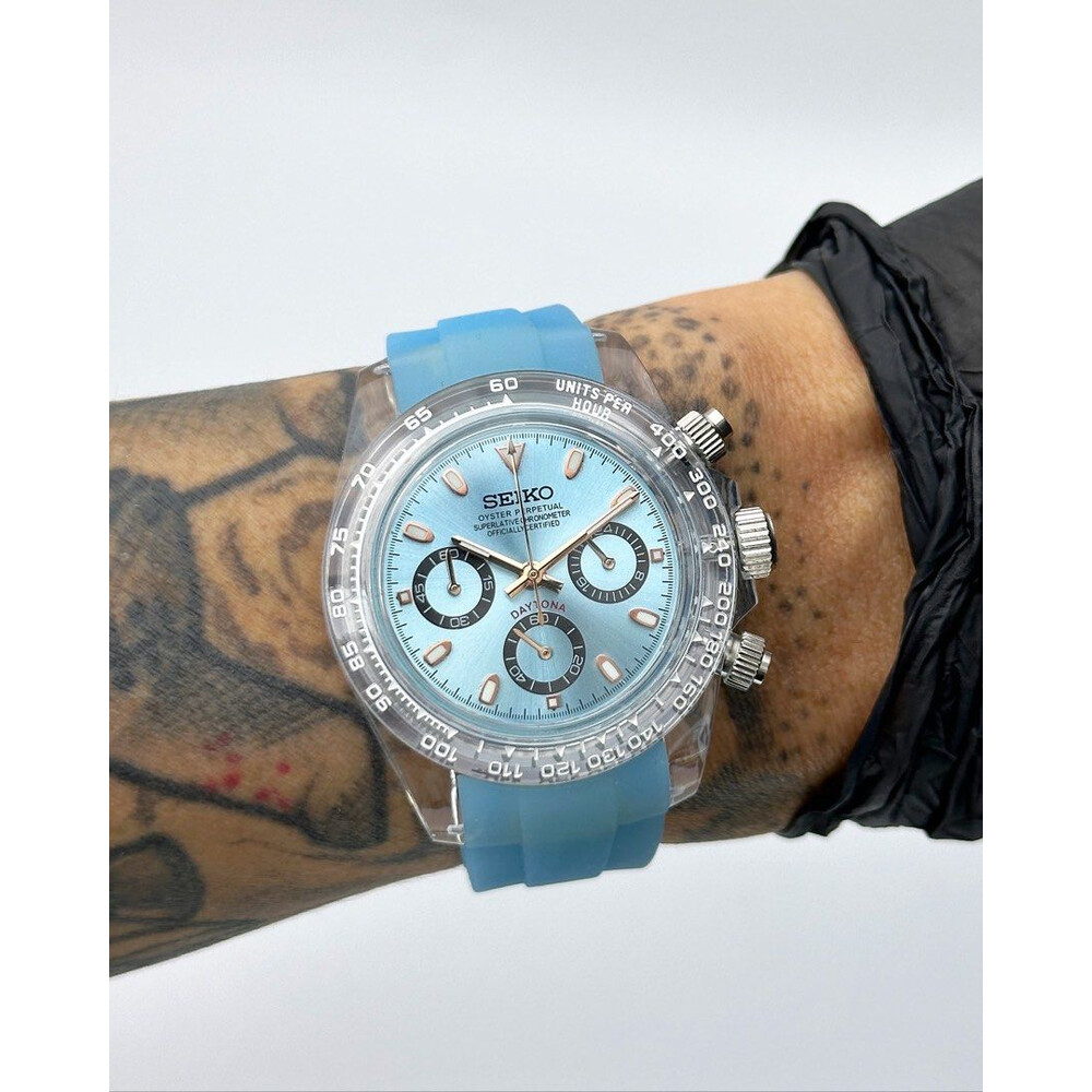 Custom Seiko Mod • Ice Blue Clear Plastic Daytona Rose Gold Trim Quartz Chronograph • 39.5mm
